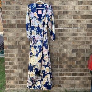 Take 50% OFF- Peach Puff Floral Maxi Dress in Blue and Cream, Size-S